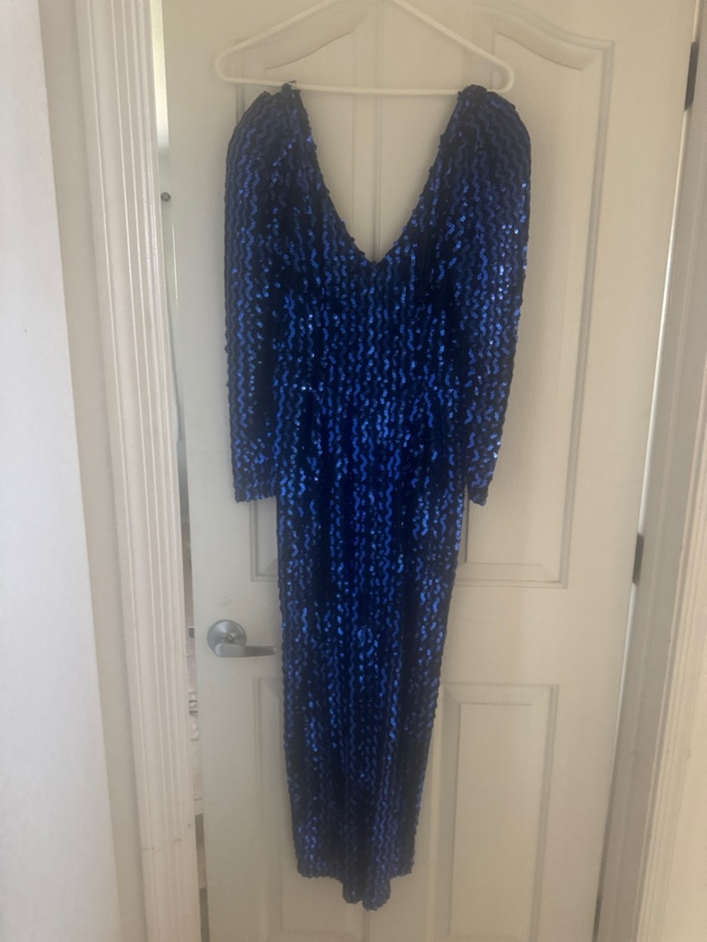 Women's Royal Blue Sequin Long Sleeve V-Neck Evening Dress made in California.